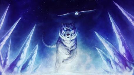 White tiger with a flying owl - Fantasy art wallpaper