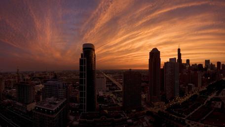 Skyscrapers in the sunset - Fisheye photography wallpaper
