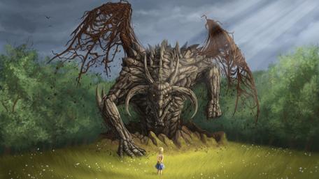Scary dragon and a little girl - Fantasy art wallpaper