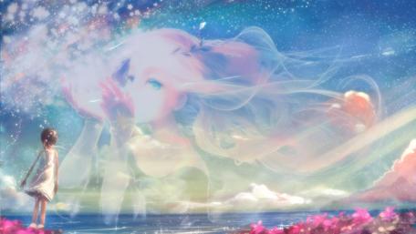 Sweet little girl looks up to the sky wallpaper