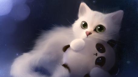 Fluffy white kitten with panda wallpaper