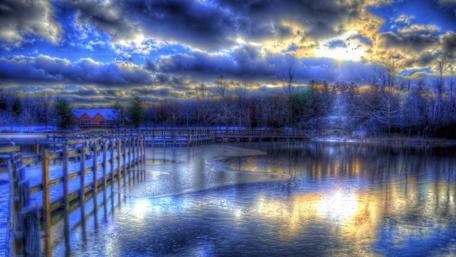 Bluish magical winter lights at dusk wallpaper