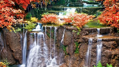 Autumn Serenity in Nature's Waterfalls wallpaper