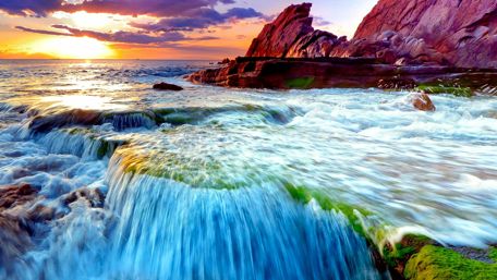 Stunning sunset ocean falls wallpaper