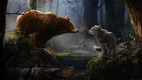 Dreamland Encounter of Bear and Wolf wallpaper