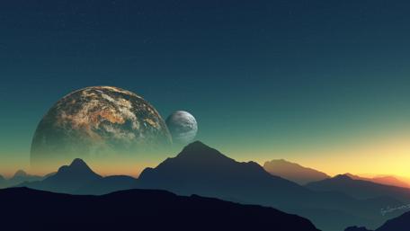 Two moons above the mountain range - Fantasy art wallpaper