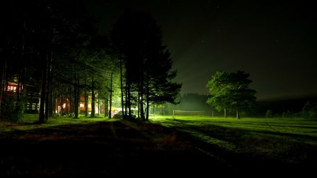 Illuminating house in the dark forest wallpaper
