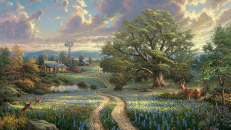 Farm in the flower field - Painting art wallpaper
