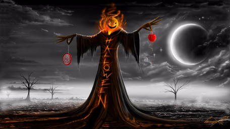 Halloween creepy scarecrow with pumpkin head wallpaper