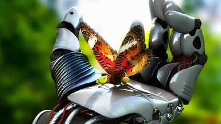 Butterfly on a robot hand wallpaper