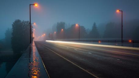 Mystical Urban Road in the Misty Night wallpaper