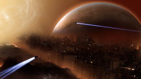 Spacecraft flying above the fantasy city wallpaper