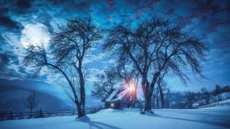 Cabin under the full moon wallpaper