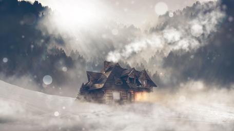 Log cabin in the blizzard wallpaper