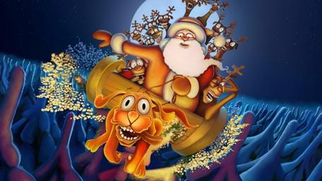 Santa Claus flying above the snowy forest wallpaper