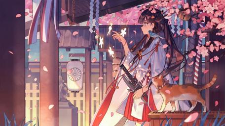 Sakura Petals and Feline Companions wallpaper