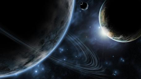 Majestic Ringed Planet in Cosmic Space Scene wallpaper