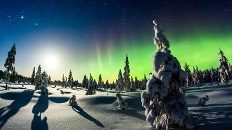Mesmerizing Northern Lights over a Snowy Landscape wallpaper