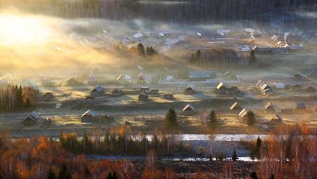 Village morning light wallpaper