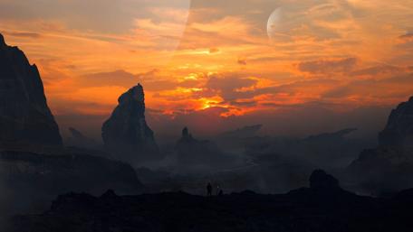 Ethereal Sunset Over Alien Mountains wallpaper