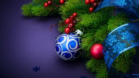 Christmas Elegance with Blue and Red Ornaments wallpaper