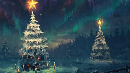 Enchanted Christmas Forest Under Northern Lights wallpaper