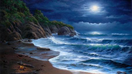 Moonlit Fantasy Shoreline Scene wallpaper