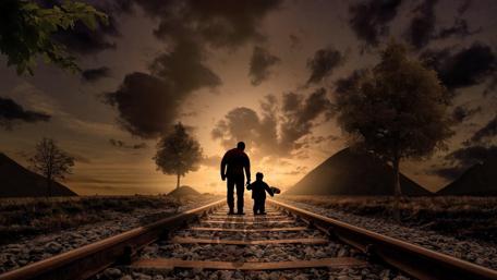 Father and son walking the railroad wallpaper