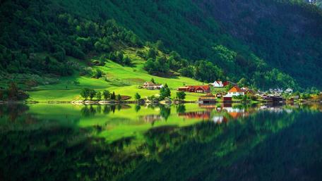 Lakeside village wallpaper