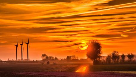 Wind turbines at sunrise wallpaper