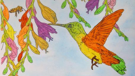 Colorful Hummingbird Amidst Blossoms and Bees wallpaper