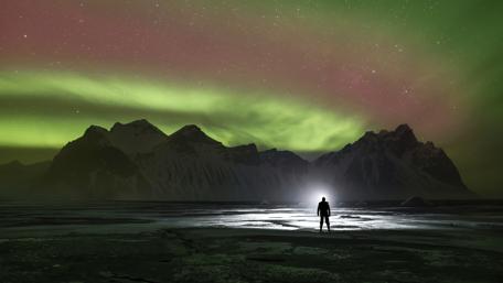 Aurora Over Vestrahorn Peaks in Winter Splendor wallpaper