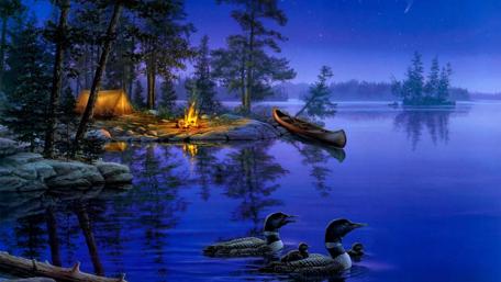 Twilight Wilderness Camp by the River wallpaper