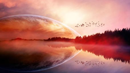 Ethereal Dawn Over a Futuristic Horizon wallpaper