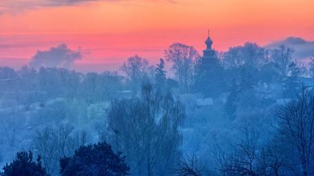 Serene Winter Dawn in a Remote Village wallpaper