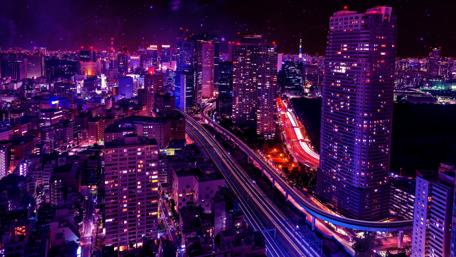 Shiodome skyline at night Minato, Tokyo, Japan wallpaper