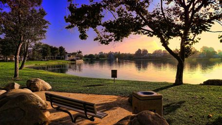 Tranquil Park Bench by the Lake at Sunrise wallpaper