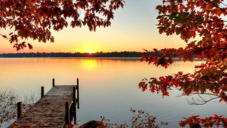 Autumn Sunrise by the Lake Pier wallpaper