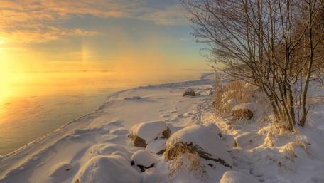 Winter Dawn by the Tranquil Shore wallpaper