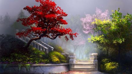 Enchanted garden with white stairs wallpaper