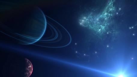 Ringed planet bluish space art wallpaper