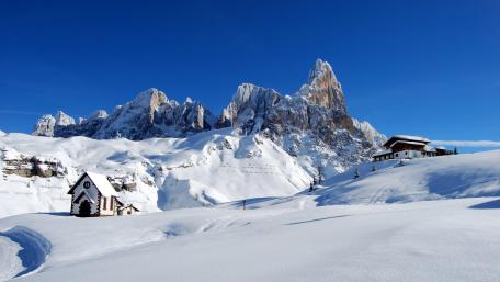 Cimon della Pala and a small church in Passo Rolle wallpaper