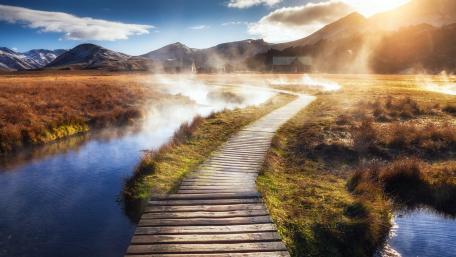 Serene Morning at the Mountain Village wallpaper