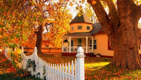 Autumn Cottage Serenity in Sunlit Splendor wallpaper