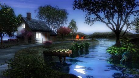 Little house near the river wallpaper