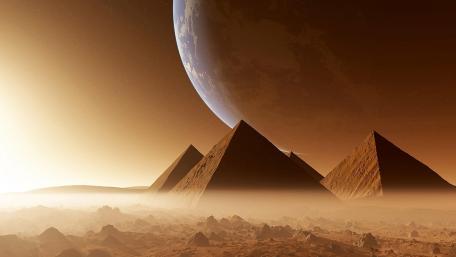 Pyriamids with a planet fantasy landscape wallpaper