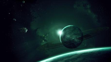 Ethereal Ringed Planet in Cosmic Darkness wallpaper