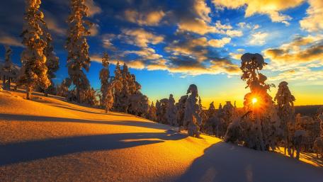 Serene Winter Sunset Over Snowy Landscape wallpaper