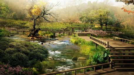 Tranquil Morning in a Botanical Garden wallpaper