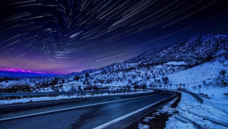 Winter Night Road Under Starry Sky wallpaper
